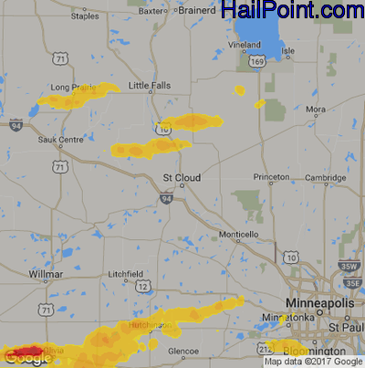 Hail Map for St Cloud, MN Region on July 25, 2017