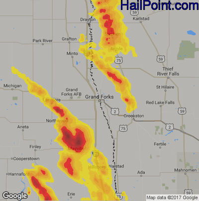 Hail Map for Grand Forks, ND Region on July 31, 2017