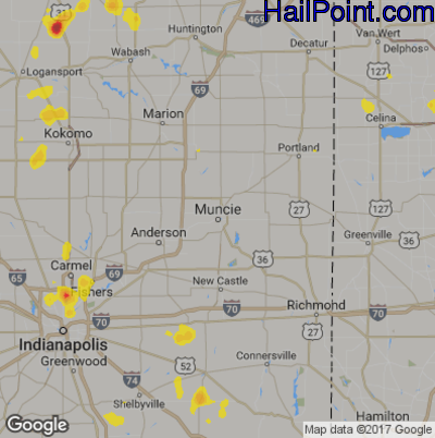 Hail Map for Muncie, IN Region on August 1, 2017