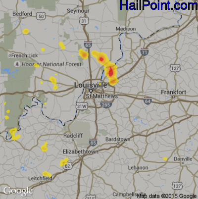 Hail Map for Louisville, KY Region on August 1, 2017