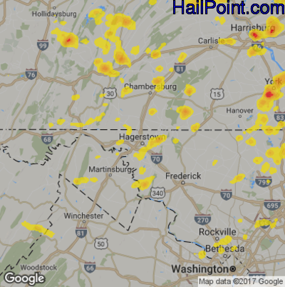 Hail Map for Hagerstown, MD Region on August 2, 2017