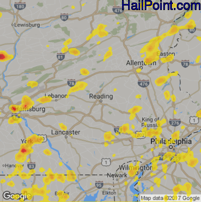 Hail Map for Reading, PA Region on August 2, 2017
