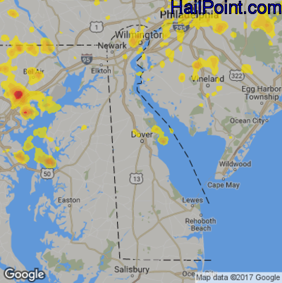 Hail Map for Dover, DE Region on August 2, 2017
