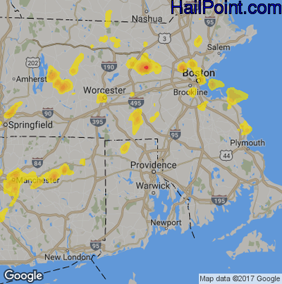 Hail Map for Woonsocket, RI Region on August 2, 2017