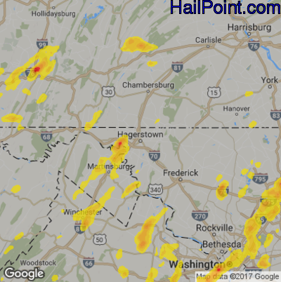 Hail Map for Hagerstown, MD Region on August 3, 2017