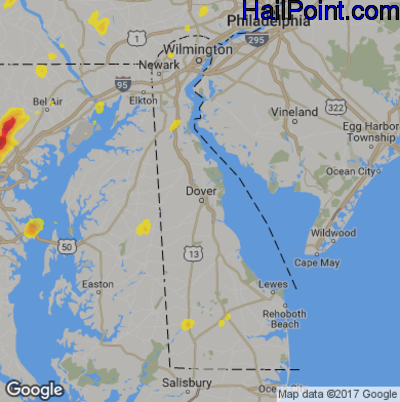 Hail Map for Dover, DE Region on August 3, 2017 