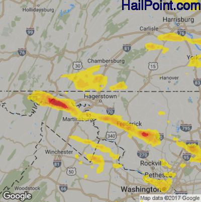 Hail Map for Hagerstown, MD Region on August 12, 2017