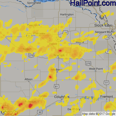 Hail Map for Norfolk, NE Region on August 15, 2017
