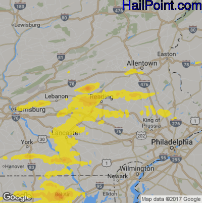 Hail Map for Reading, PA Region on August 18, 2017