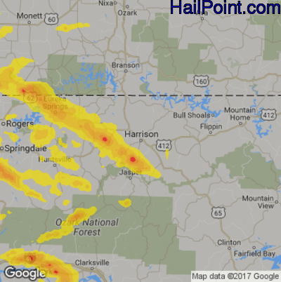 Hail Map for Harrison, AR Region on August 18, 2017