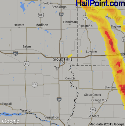 Hail Map for Sioux Falls, SD Region on August 18, 2017