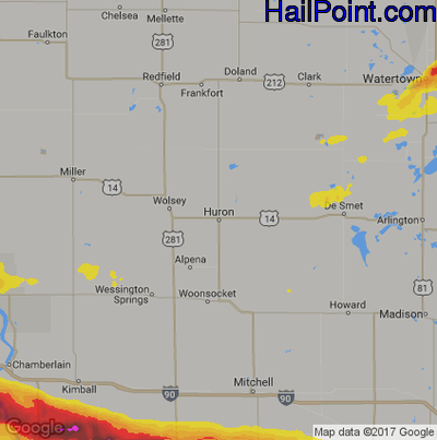 Hail Map for Huron, SD Region on August 21, 2017