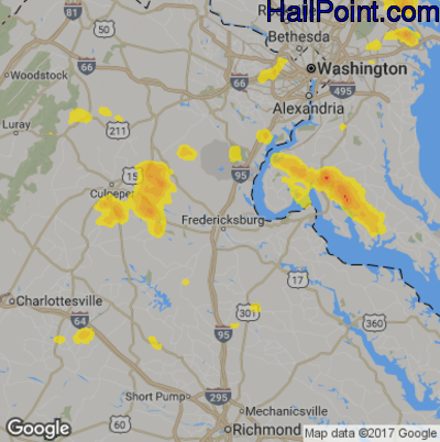 Hail Map for Fredericksburg, VA Region on August 21, 2017