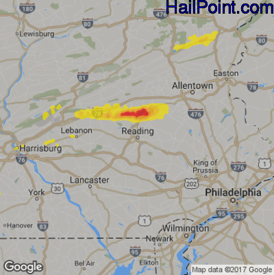 Hail Map for Reading, PA Region on August 23, 2017