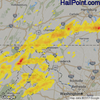 Hail Map for Hagerstown, MD Region on September 5, 2017