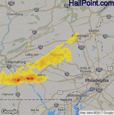Hail Map for Reading, PA Region on September 5, 2017 