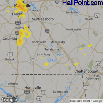 Hail Map for Tullahoma, TN Region on September 19, 2017