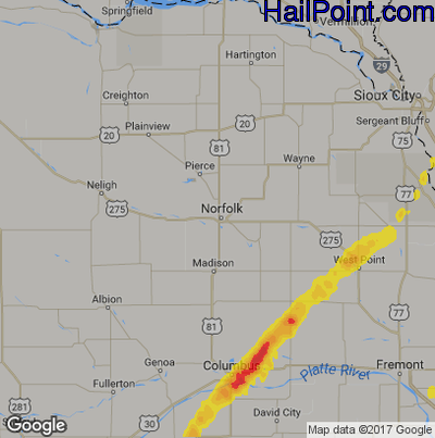 Hail Map for Norfolk, NE Region on September 24, 2017 