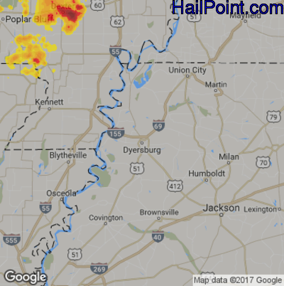 Hail Map for Dyersburg, TN Region on October 27, 2017 