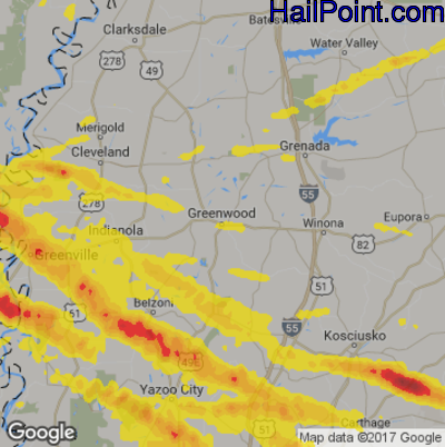 Hail Map for Greenwood, MS Region on March 10, 2018