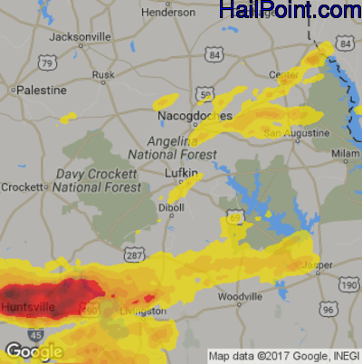 Hail Map for Lufkin, TX Region on March 18, 2018