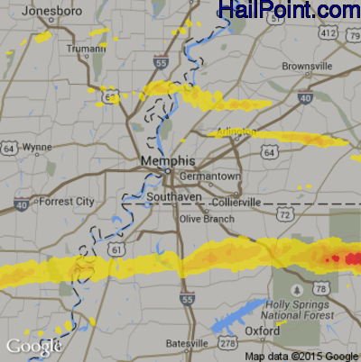 Hail Map for Memphis, TN Region on March 19, 2018