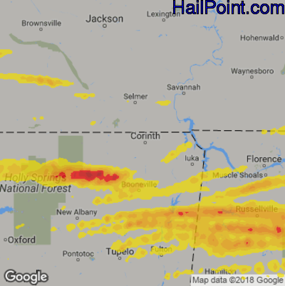 Hail Map for Corinth, MS Region on March 19, 2018
