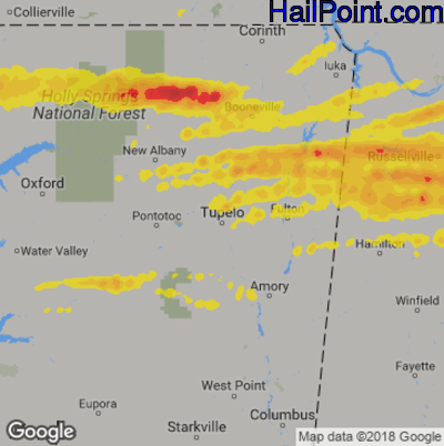 Hail Map for Tupelo, MS Region on March 19, 2018