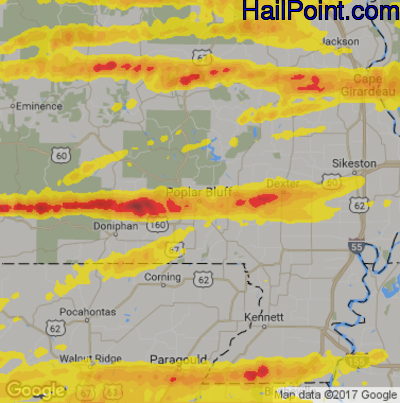 Hail Map for Poplar Bluff, MO Region on April 3, 2018