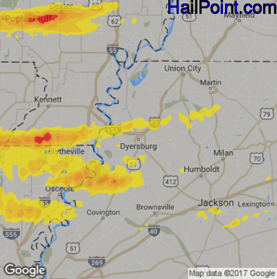 Hail Map for Dyersburg, TN Region on April 3, 2018