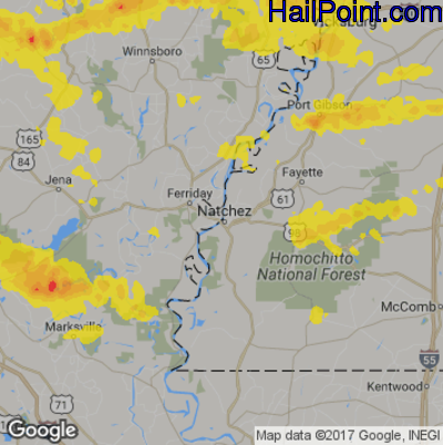 Hail Map for Natchez, MS Region on April 6, 2018 