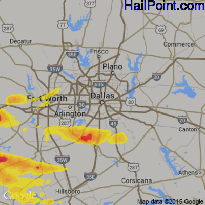 Hail Map for Dallas, TX Region on April 21, 2018