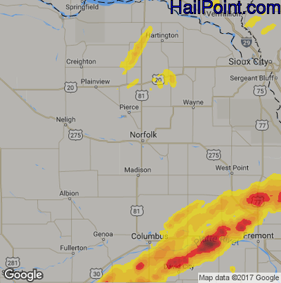 Hail Map for Norfolk, NE Region on May 1, 2018