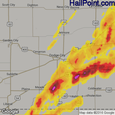 Hail Map for Dodge City, KS Region on May 2, 2018