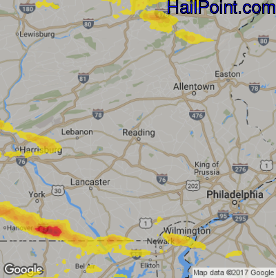 Hail Map for Reading, PA Region on May 10, 2018 