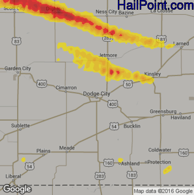 Hail Map for Dodge City, KS Region on May 15, 2018 