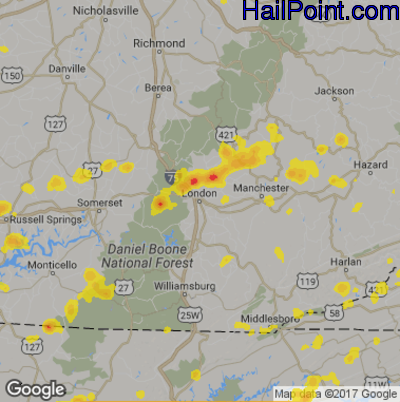 Hail Map for London, KY Region on May 15, 2018
