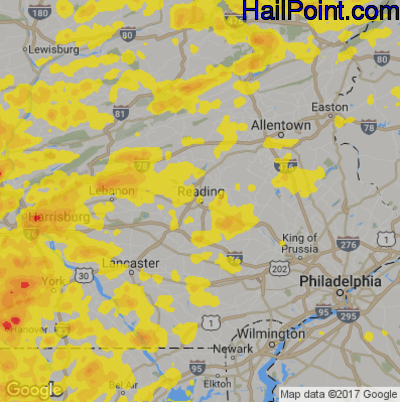 Hail Map for Reading, PA Region on May 15, 2018