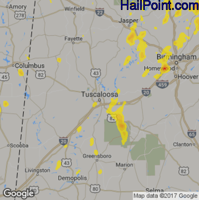 Hail Map for Tuscaloosa, AL Region on May 15, 2018