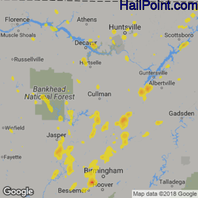 Hail Map for Cullman, AL Region on May 15, 2018