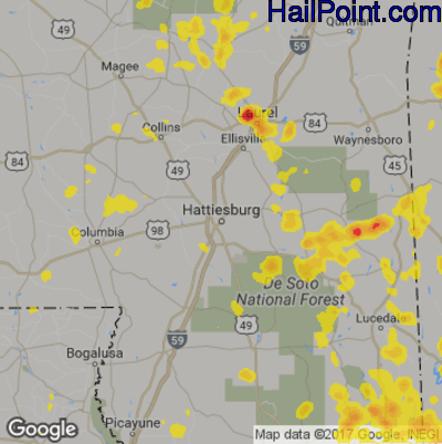 Hail Map for Hattiesburg, MS Region on May 15, 2018