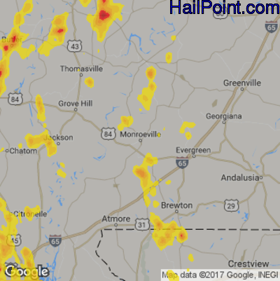 Hail Map for Monroeville, AL Region on May 16, 2018 