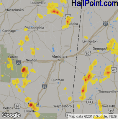 Hail Map for Meridan, MS Region on May 16, 2018