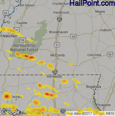Hail Map for McComb, MS Region on May 18, 2018