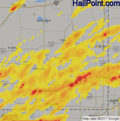 Hail Map for Chanute, KS Region on May 19, 2018 