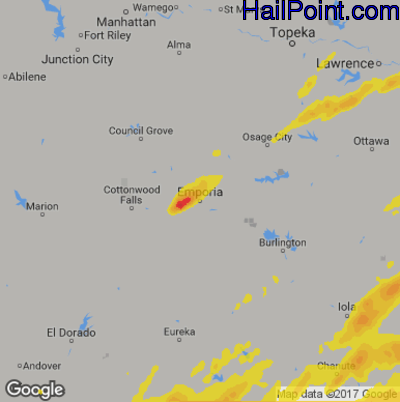 Hail Map for Emporia, KS Region on May 19, 2018 