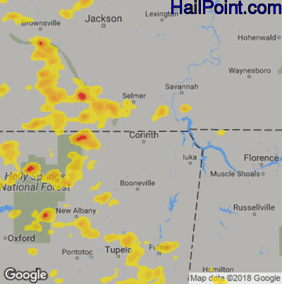 Hail Map for Corinth, MS Region on May 19, 2018