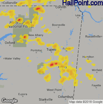 Hail Map for Tupelo, MS Region on May 19, 2018