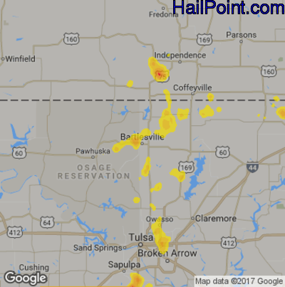 Hail Map for Bartlesville, OK Region on May 23, 2018