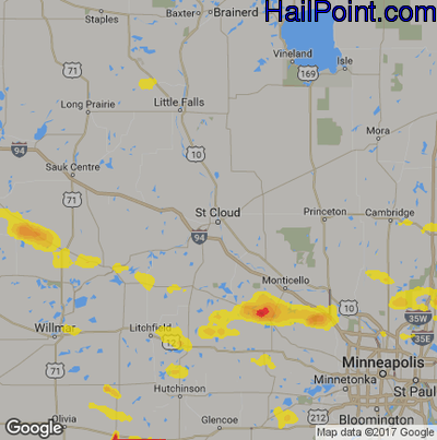Hail Map for St Cloud, MN Region on May 25, 2018